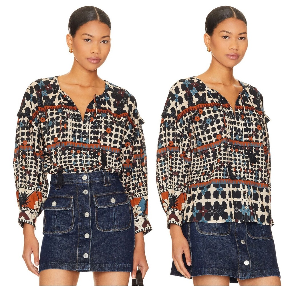 Cleobella Edith Organic Cotton Linen Blouse in Navy Deco Bohemian Print Medium